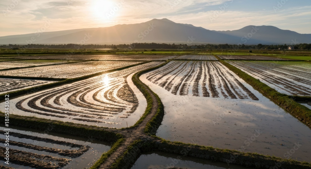 Fototapeta premium Aerial view of flooded rice fields reflecting sunset, mountains in background