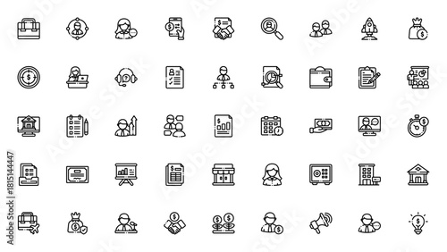 Business icon set. Minimal vector icons pack. Includs symbols for case, smartpone, money, target, chart,growth, deal, presentationand more. Editable stroke.