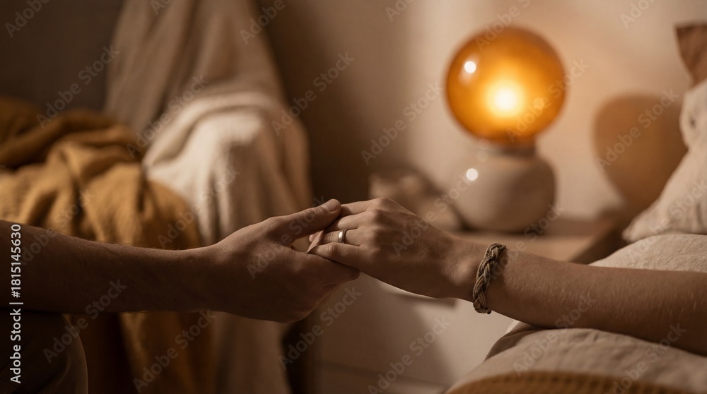 Obraz premium Intimate close-up of a loving couple holding hands softly in a dimly lit, cozy bedroom with a warm orange glow from a bedside lamp.
