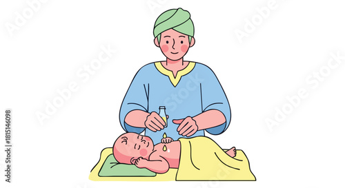 A smiling parent or masseur gently gives an oil massage to a happy, relaxing newborn baby.