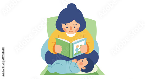 A happy parent reads a storybook aloud to their newborn baby while they rest comfortably on their lap.