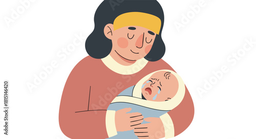 A calm and caring mother lovingly holds her swaddled newborn baby who is crying and distressed.