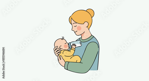 A smiling mother lovingly holds and feeds her newborn baby with a milk bottle.