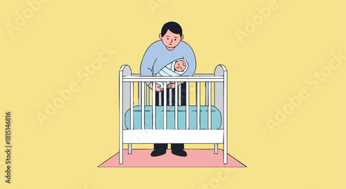 A tired, yet loving, father places his swaddled newborn baby gently into the crib for sleep.