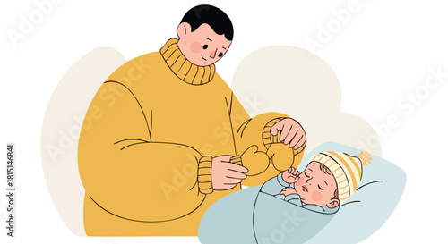 A gentle father puts soft yellow mittens on his sleeping newborn baby to keep them warm and protected.