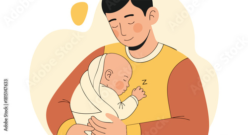 A content father gently holds and comforts his peacefully sleeping newborn baby wrapped in a blanket.