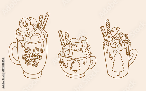 Hand drawn doodle Christmas hot drink set with cocoa and gingerbread. Vector isolated illustration. 