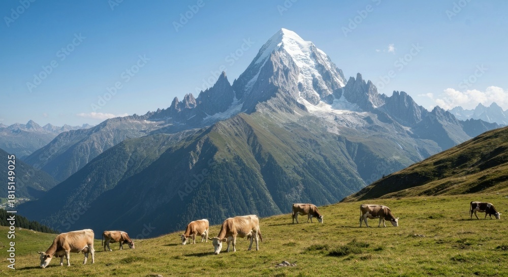 Fototapeta premium Cows graze on a green slope with a majestic snow-capped mountain backdrop