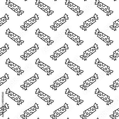 Seamless pattern with wrapped candies in linear style on white background. Vector sweet seasonal background. 