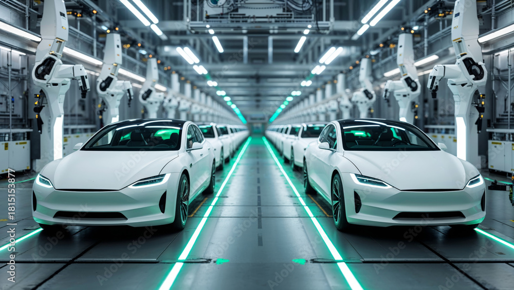 Fototapeta premium Electric vehicles rolling off the assembly line in a modern factory