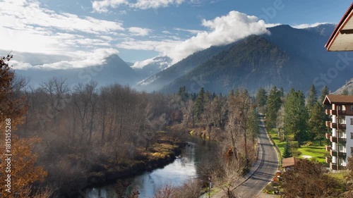 Mountain landscape in autumn. Footage of the Cascade mountains near Leavenworth, Washington.