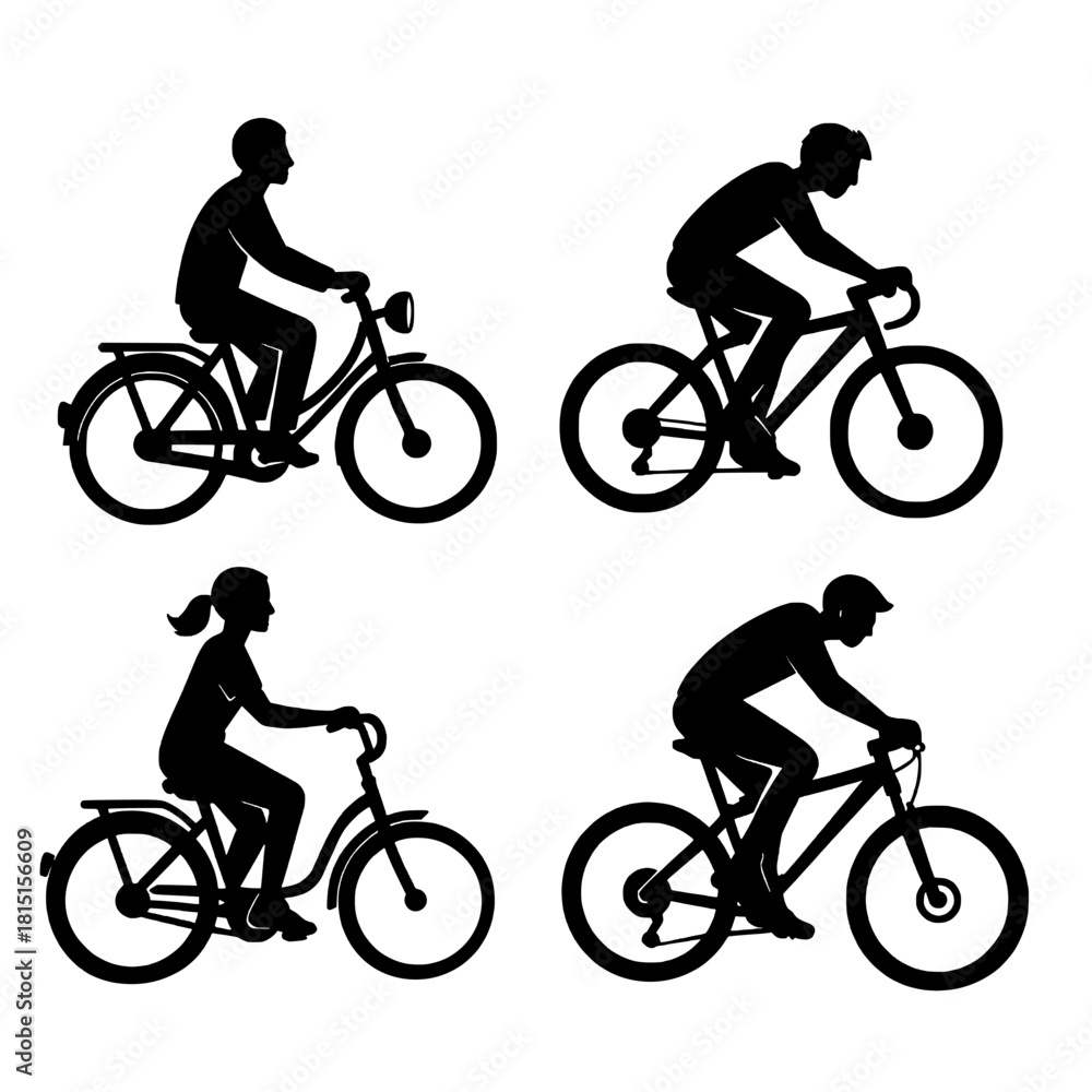 Fototapeta premium 4 Illustrations of people cycling, black, transparent background