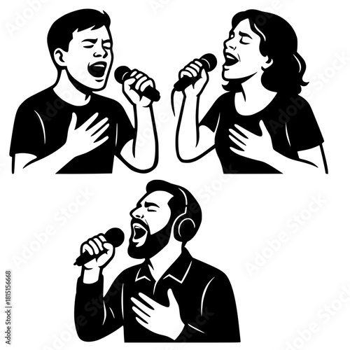 3 Illustrations of people singing, black, transparent background