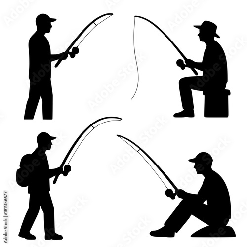 4 Illustrations of people fishing, black, transparent background