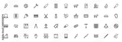 Butcher icon set. Vector meat shop icons collection.Includes symbols for chop,meatball, beef, salami, baon, cleaver, butcher, sausge, steak, ribs and more.