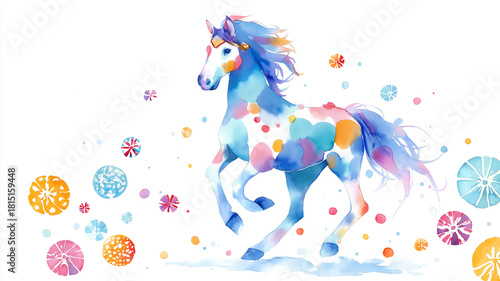 駿馬と和柄が描き出す、新春の彩りと祝福を伝える年賀用ビジュアル。干支素材としても使いやすい一枚。