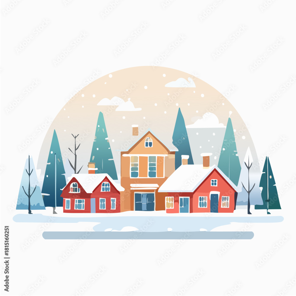 Fototapeta premium Cartoon winter landscape with houses and trees under a snowy night sky for a holiday celebration card