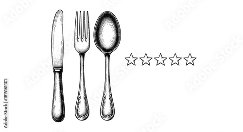 Vintage Engraving Style Cutlery Set with Five Stars Rating: Hand drawn sketch of fork, knife and spoon on white background
