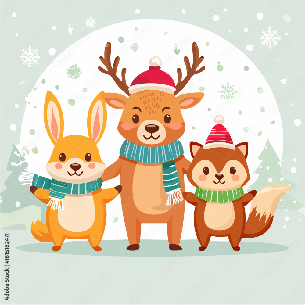 Fototapeta premium Christmas Woodland Friends in Snowfall