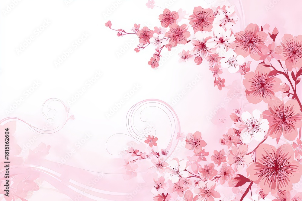 Fototapeta premium Delicate Pink Cherry Blossoms on White Background with Subtle Swirls and Soft Lighting