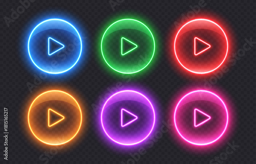 Neon media play buttons. Colorful glowing glossy audio control icons. Round interface elements for music or video streaming service. Vector illustration.