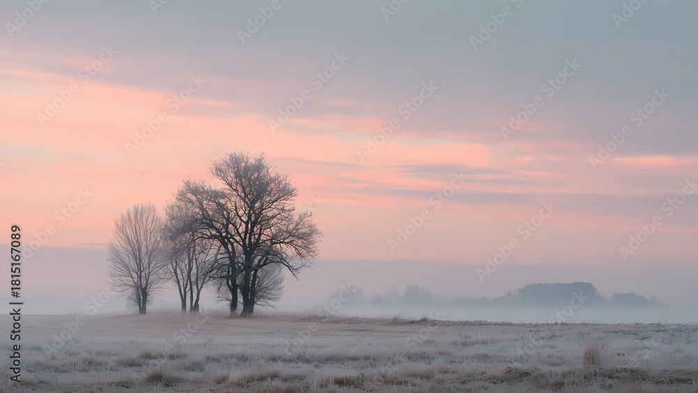 Fototapeta premium Foggy December Morning Landscape with Soft Pastel Colors: A Concept of Winter Serenity, Tranquil Nature, and Atmospheric Seasonal Beauty