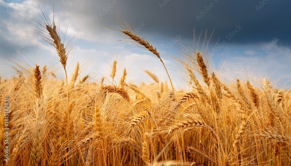 Fototapeta premium Golden Wheat Stalks Swaying In A Field Against A Cloudy Sky
