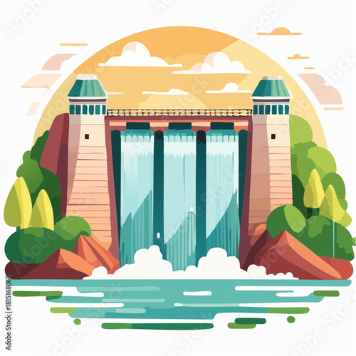 Colorful Illustration of a Hydroelectric Dam with Water Flowing.