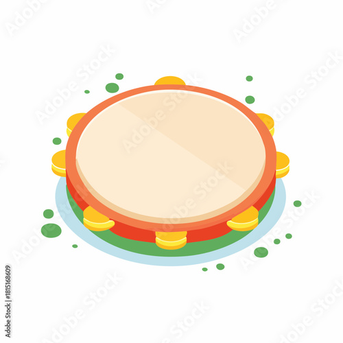 Colorful Isometric Tambourine with Jingle Bells and Drumhead.