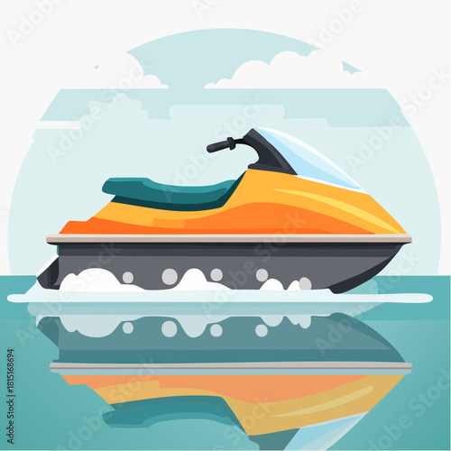 Colorful Jet Ski on Water with Reflection.