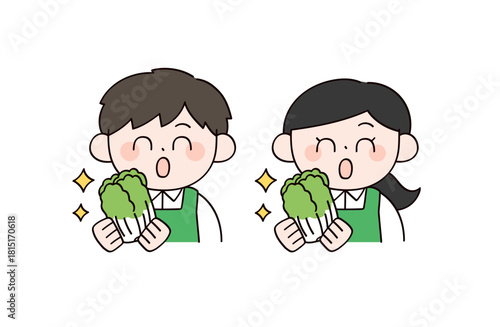 白菜を持ったスーパーの店員イメージの男女イラスト