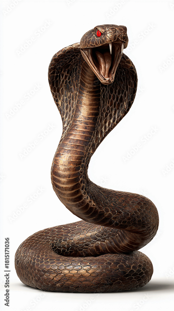 Fototapeta premium Aggressive brown cobra with spread hood and open mouth, fangs visible, isolated on white background