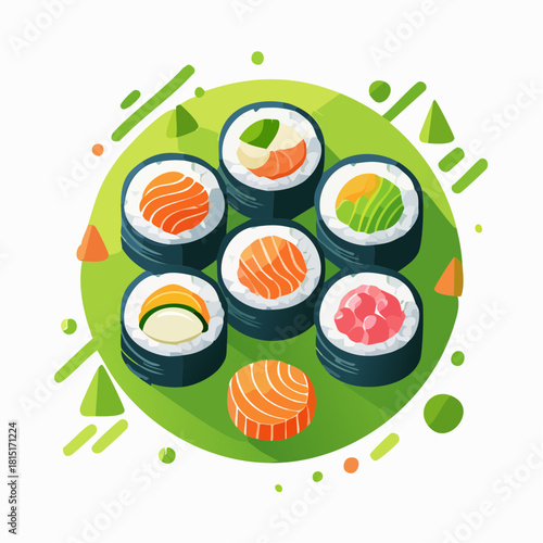 Colorful Sushi Rolls with Various Fillings on Green Background.
