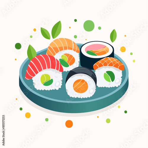 Colorful Sushi Plate with Salmon and Tuna Rolls Illustration.