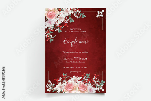 WEDDING INVITATION FRAME WITH FLOWER DECORATIONS AND FRESH LEAVES
