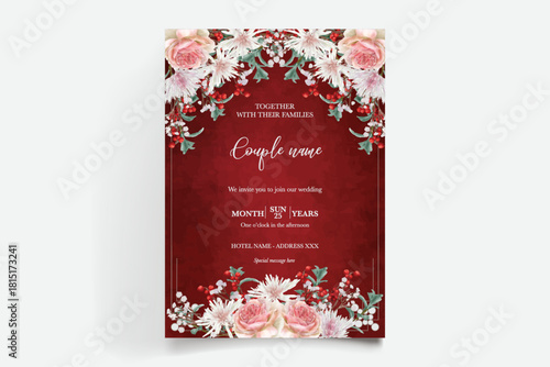 WEDDING INVITATION FRAME WITH FLOWER DECORATIONS AND FRESH LEAVES