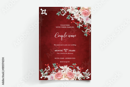 WEDDING INVITATION FRAME WITH FLOWER DECORATIONS AND FRESH LEAVES