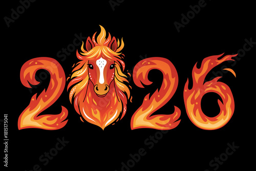A bold graphic illustration for the year 2026, featuring a stylized fiery horse head as the "0" and flame-like digits for the "2" and "6", set against a striking black background.