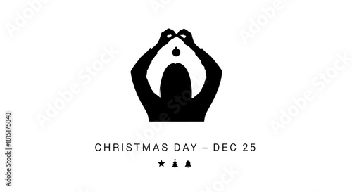 Minimalist black silhouette of a person catching a drop on Christmas Day with festive icons.