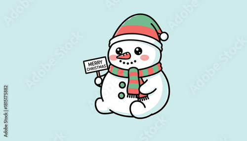 Cute cartoon snowman wearing a striped hat and scarf, holding a Merry Christmas sign on a light blue background.