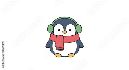 Cartoon penguin wearing earmuffs and a scarf on a white background.