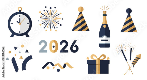 New Year's Eve 2026 celebration icons set with clock, fireworks, champagne, party hats, and gifts.