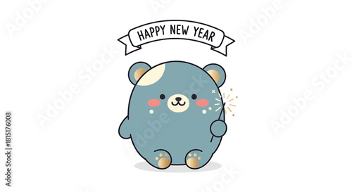 Cute cartoon bear holding a sparkler, with a Happy New Year banner above.