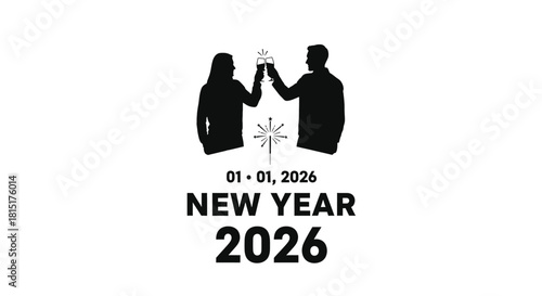 Black and white silhouette of a man and woman toasting with glasses to celebrate New Year 2026 on January 1st.