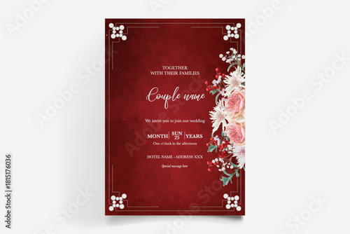 WEDDING INVITATION FRAME WITH FLOWER DECORATIONS AND FRESH LEAVES