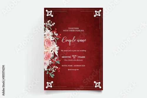 WEDDING INVITATION FRAME WITH FLOWER DECORATIONS AND FRESH LEAVES