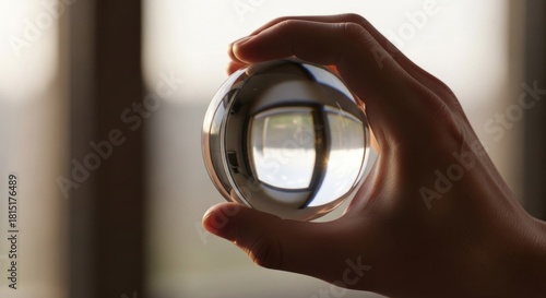 Hand holding a clear crystal ball, refracting a blurred window scene