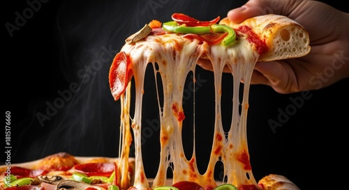 Hand pulling cheesy, dripping slice of pizza. Black background. Hot, steaming
