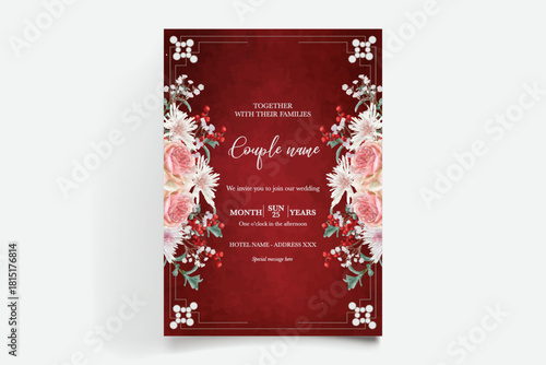 WEDDING INVITATION FRAME WITH FLOWER DECORATIONS AND FRESH LEAVES