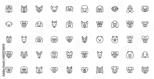 Dog breeds icon set. Vector illustration of various og types including Afghan ound, Chihuahua, Poodle, Blldog, Dachshund, Corgi, Grman Shepherd and more.